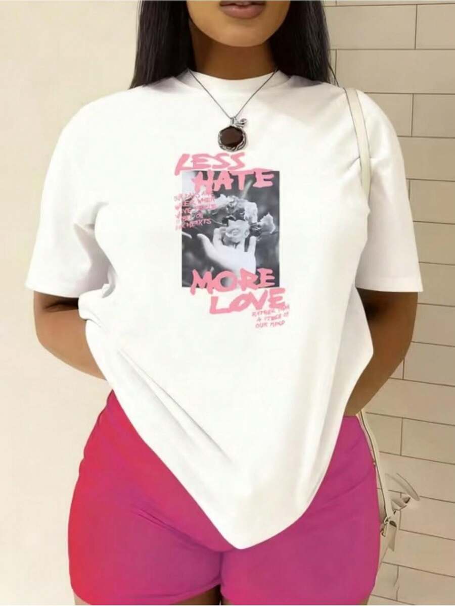 Camiseta de Mujer% Algodón, Camiseta de Talla para Mujer, Camiseta Casual Estampada con la Frase Menos Odioás Amor Mano y Rosa, Camiseta Unisex para Mujeres y Hombres, Adecuada para Todas las Temporadas, Camiseta para Uso Diario, Regalo Perfecto, Opción de Moda. Ligera, transpirable, éxito de de verano. - Blanco - Ver 1