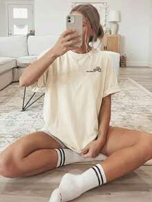 [Double-Sided Print] Women's Short-Sleeve Crew Neck T-Shirt, Casual Style, With A Tractor Graphic And The Text "Thanks To A Farmer". Machine Washable, Suitable For Casual Wear, Versatile Clothing,  T-Shirt, Comfortable Material, 100% Cotton. - 杏色 - 查看 4