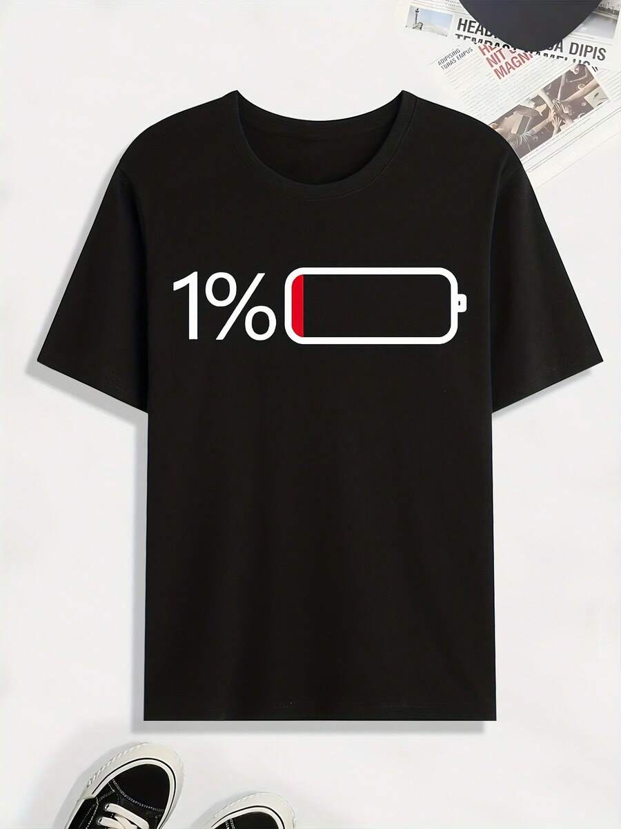Camiseta con Estampado de Batería Baja, Camisetas para Hombre, Camiseta Casual de Manga Corta para Verano, Primavera y Otoño, Camisetas como Regalo - Negro - Ver 1