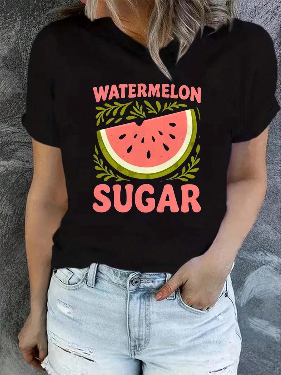 1 Women's Summer Short Sleeve T-Shirt With Print, Modern And Casual, Machine Washable, Comfortable Fit, 2D Flat Print, 180g, 100% Cotton. - 黑色_04 - 查看 1