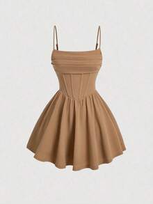 Elegante vestido de tirantes con fruncido en la cintura de color liso - Caqui - Ver 1