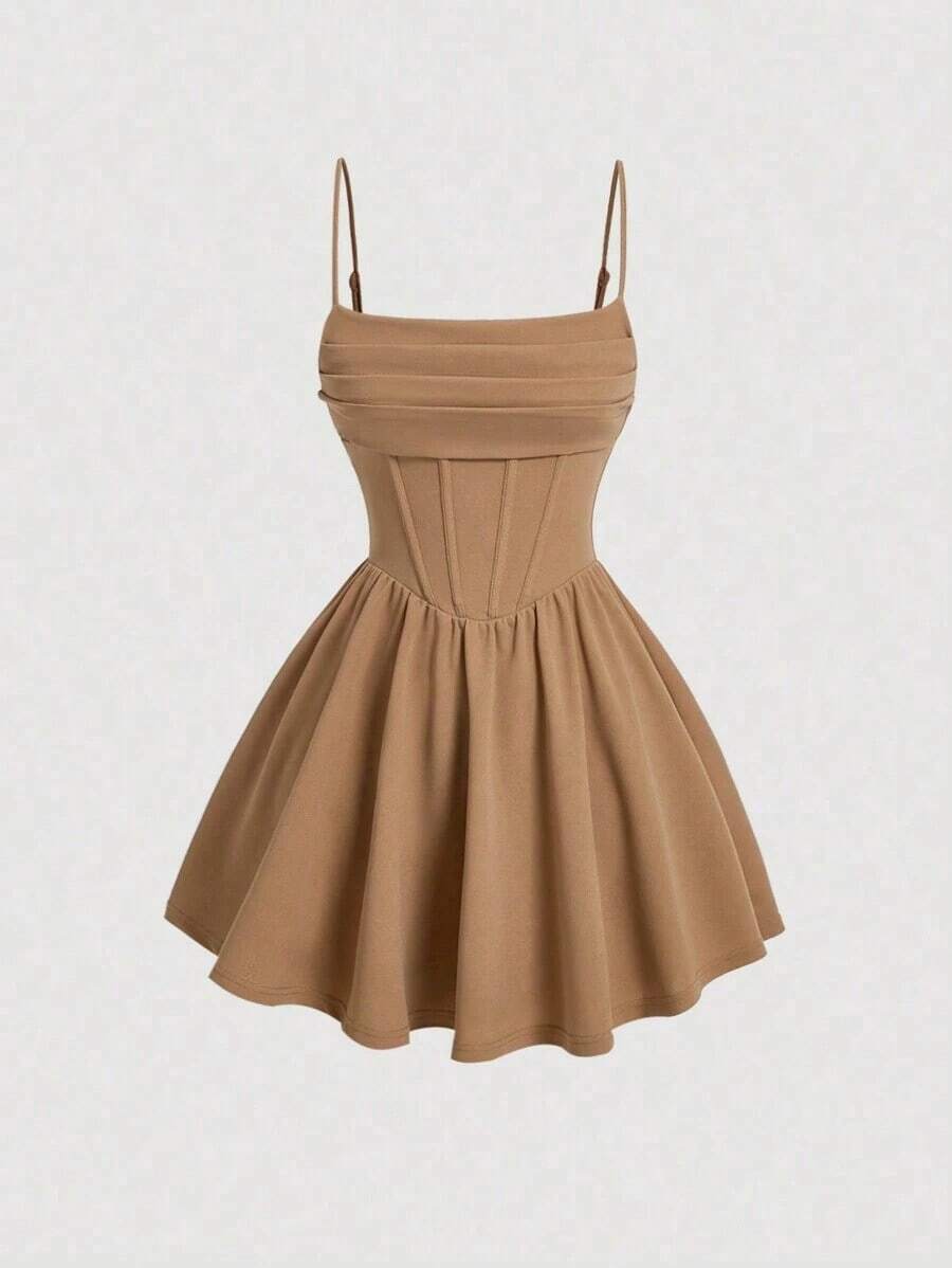 Elegante vestido de tirantes con fruncido en la cintura de color liso - Caqui - Ver 1