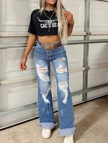 Women's Jeans, Low-Rise Jeans, Minimalist Style Women's Clothing, Retro Casual And Elegant Jeans, Wide-Leg Ripped Straight-Leg Loose Jeans, Women's Clothing For Tall Women, Exquisite Details, Fashionable And Sexy, Suitable For Outdoor Wear,Valentine's Day, New Year, Street Style, Birthdays, Outings, Christmas, Clubs, Vacations, Concerts, Festivals And Parties And Other Occasions. - Màu xanh nhạt - Xem 2