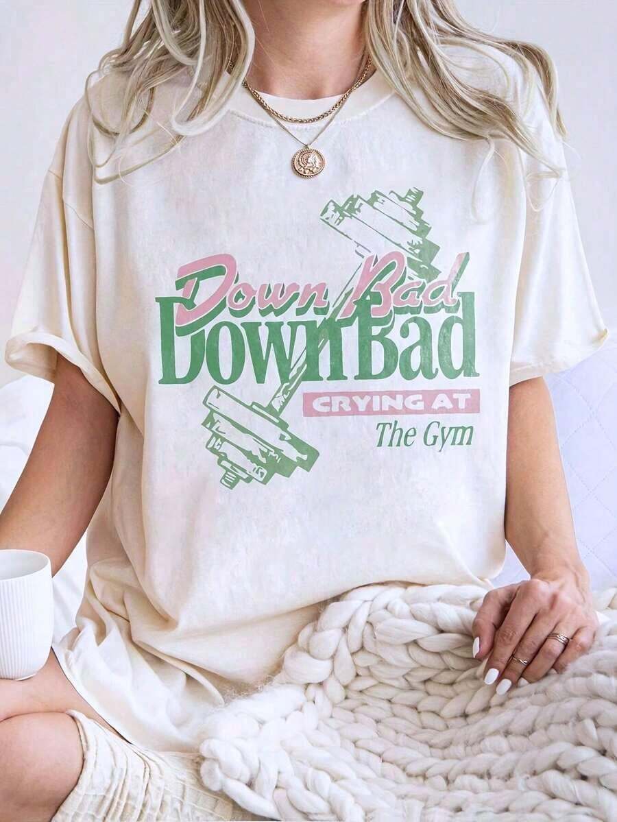 1 pieza de camiseta casual para mujer con estampado 'Gym Crying' - Top holgado de cuello redondo en beige claro con diseño de mancuerna, camiseta deportiva casual lavable a máquina, estampado divertido, versátil para todas las estaciones, 180g 100% algodón. - Blanco - Ver 1