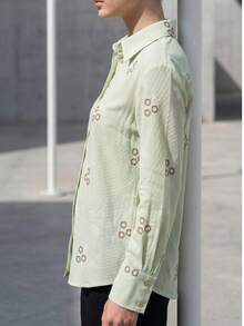 Women's Brown Floral Print Shirt - Relaxed Fit - Made In Turkey - Green - View 3