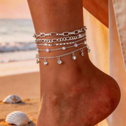 5 piezas Tobillera minimalista y elegante con incrustaciones de cobre, cristal y perla falsa con diseño geométrico redondo, adecuada para uso en la playa, fiestas, vacaciones y como regalo de cumpleaños para mujeres (cantidad aleatoria)