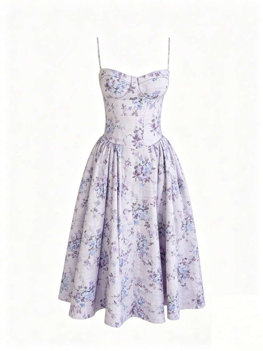 Women's Floral Print Vintage Elegant Resort Casual Dress, Suitable For Spring And Summer Vacation - Purple - View 1