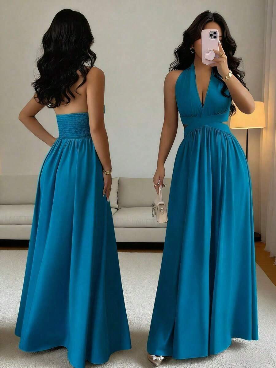 Elegante vestido sin mangas con cuello en V, diseño hueco en la cintura y pliegues, color morado, nueva llegada de primavera/verano - Agua verde azul - Ver 1