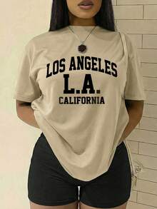 California Street Style LOS ANGELES Letter Pattern Print, Women's Round Neck Short Sleeve T-Shirt, Women's Sports T-Shirt, Everyday Fashion, Casual St - 杏色 - 查看 1