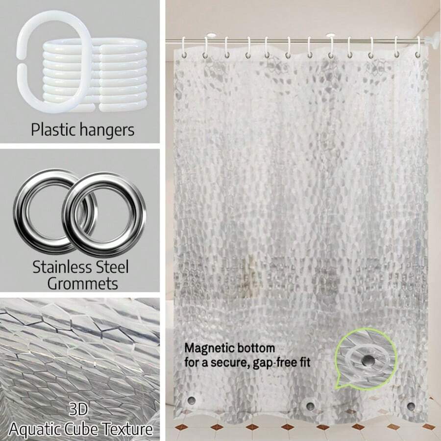 1pc Water Cube Magnetic Shower Curtain, Asymmetrical Pattern + Magnetic Weighted Bottom For Draping Effect, Easy Installation With Included Hooks - 3D Water Cube Magnet - View 1