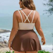 Swim Lushore Plus Size Women's Three-Color Patchwork Criss-Cross Strap Swimdress With Swimshorts 2 Pieces Set - Multicolor - Ver 3