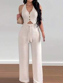 Conjunto de 2 piezas de chaleco sin espalda con atar en el cuello y pantalones de pierna ancha, estilo casual de vacaciones para mujer - Albaricoque 2 - Ver 3