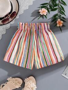 Girls' Summer Fashion Casual Rainbow Striped Faux Skirt Shorts, Comfortable Soft Outdoor Vacation Beach Skirt Shorts With Bow Decor, Tween Girl' Summer Shorts Skirt - Multicolor - View 2