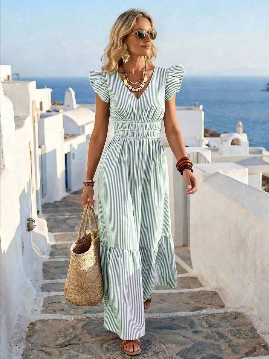 YHHRafferiza Vestido de vacaciones con cuello en V, manga corta y estampado floral romántico para mujerYHH - Verde Niebla - Ver 1