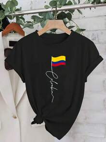 Women's T-Shirt With A Minimalist And Unique Colombian Flag Print In A Cartoon Design, Short-Sleeved Stretch Casual Top - 黑色 - 查看 2