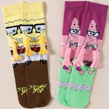 SpongeBob SquarePants 1/2 Đôi tất nam châm dài đến bắp chân kiểu Nhật Bản & Hàn Quốc, thiết kế hoạt hình dễ thương độc đáo, dành cho cặp đôi/bạn thân, phong cách mùa xuân/thu mới. - Nhiều màu - Xem 8