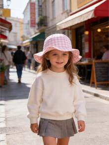 1pc Kids Pink Plaid Sun Hat, Adjustable Baby Girl Hat, Infant Summer Beach Bucket Hat, Girls Summer Sun Protection Bucket Hat - Multicolor - View 5
