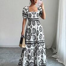 Women's Summer Country Floral Print Bardot Neck Dress - Blanco y Negro - Ver 2