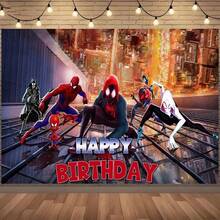 1pcs S Pider-Man Into The S Pider-Verse Happy Birthday Backdrop Banner, Superhero Multiverse Theme Party Decorations For Photo Booth, Miles Morales Gwen Stacy Photography Background, Cake Table Decor, Outdoor Indoor Celebration Wall Banner, Backyard Party Photo Prop Supplies, School Event Poster Decor - 多色-A - 查看 5