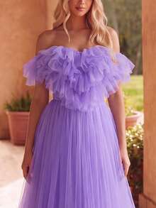 Faeriesty Vestido formal elegante de unicolor con hombros descubiertos, volantes y malla - Morado - Ver 4
