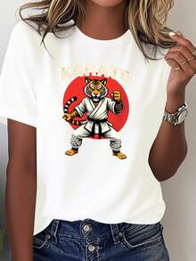 Comfortable Women's T-Shirt With Karate Tiger Design In Action Pose - White - View 1