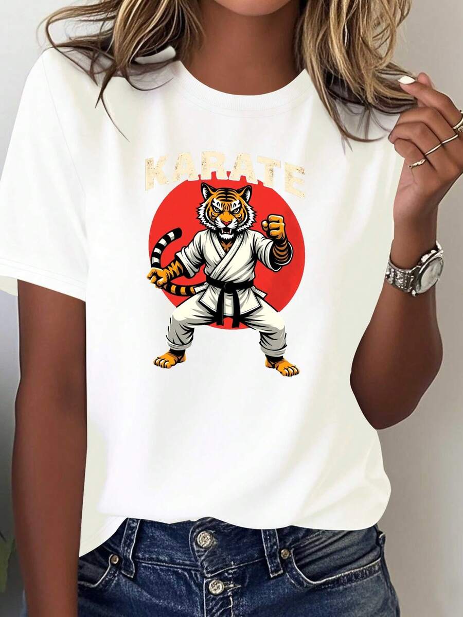 Comfortable Women's T-Shirt With Karate Tiger Design In Action Pose - White - View 1