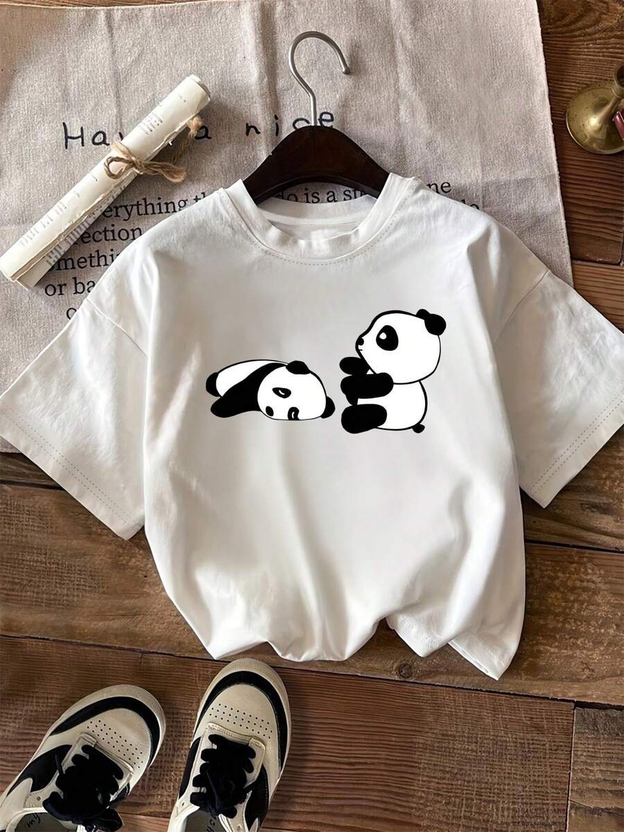 Panda Print Crew Neck T-Shirt, Standard Size Women's Clothing, Women's Clothing - Unisex Urban Vintage Style Loose Cotton Short Sleeve T-Shirt With Crew Neck. - 白色 - 查看 1