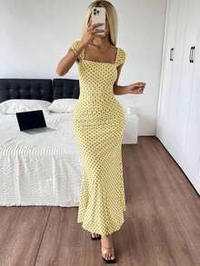 Vestido de verano de cola de pez con dobladillo largo y puntos polka de malla para mujer - amarillo ganso - Ver 8