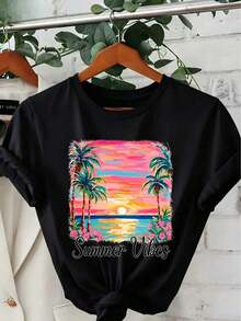 100% cotton Camiseta Casual de Manga Corta y Cuello Redondo para Mujer - Estampado Vibrante de Palmeras en una Playa Tropical al Atardecer, con Texto "Summer Vibes", Transpirable y Lavable a Máquina, Adecuada para Primavera y Verano, Camiseta de Playa, Camisa de Corte Holgado, Top de Tela Suave - Negro - Ver 1