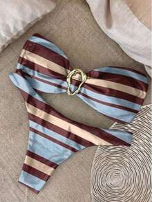 Nuevo conjunto de bikini negro sólido, sexy, elegante, casual, para playa, vacaciones y citas, sin tirantes, para primavera/verano - Multicolor - Ver 1