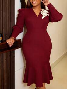 Plus Size Women Applique Floral Puff Long Sleeve Bodycon Mermaid Midi Curve Formal Dress - Burgundy - View 5