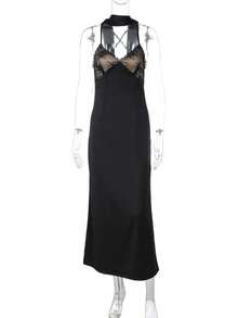 Vestido Halter  Nuevo Escote Profundo Espalda Abierta Corte Largo Estilo Puro - Negro - Ver 5