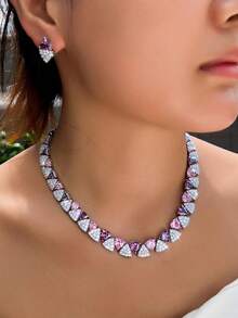 1 Set Women Chic Purple Pink Geometric Triangles Cubic Zirconia Tennis Choker Necklace Stud Earrings Silver Plated CZ Crystal Jewelry Set For Wedding Party - Purple - View 3