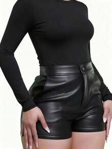 High Waist Faux Leather Shorts Women Skinny Fit Party Streetwear Going Out - 黑色 - 查看 2