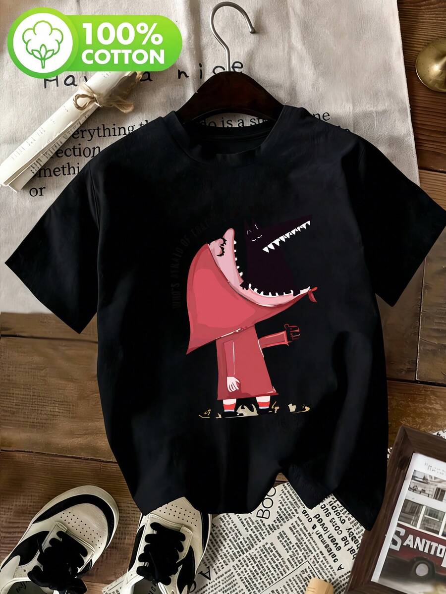 Women's Funny Graphic T-Shirt Of Little Red Riding Hood And The Big Bad Wolf | Retro Pure Cotton T-Shirt With The Phrase "Who's Afraid Of The Big Bad Wolf?", Casual Style, Loose Fit, Short Sleeve, Comfortable For Everyday Wear And Gifts - 黑色 - 查看 1