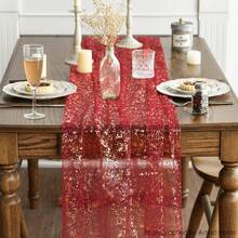 1pc Gold Foil Mesh Table Runner, Thin Tulle Table Cloth For Birthday Party, Wedding, Event, Suitable For Home Daily Use, Outdoor Party, Anniversary, Wedding Decoration And Holiday Dining Table - Red and Gold - View 1