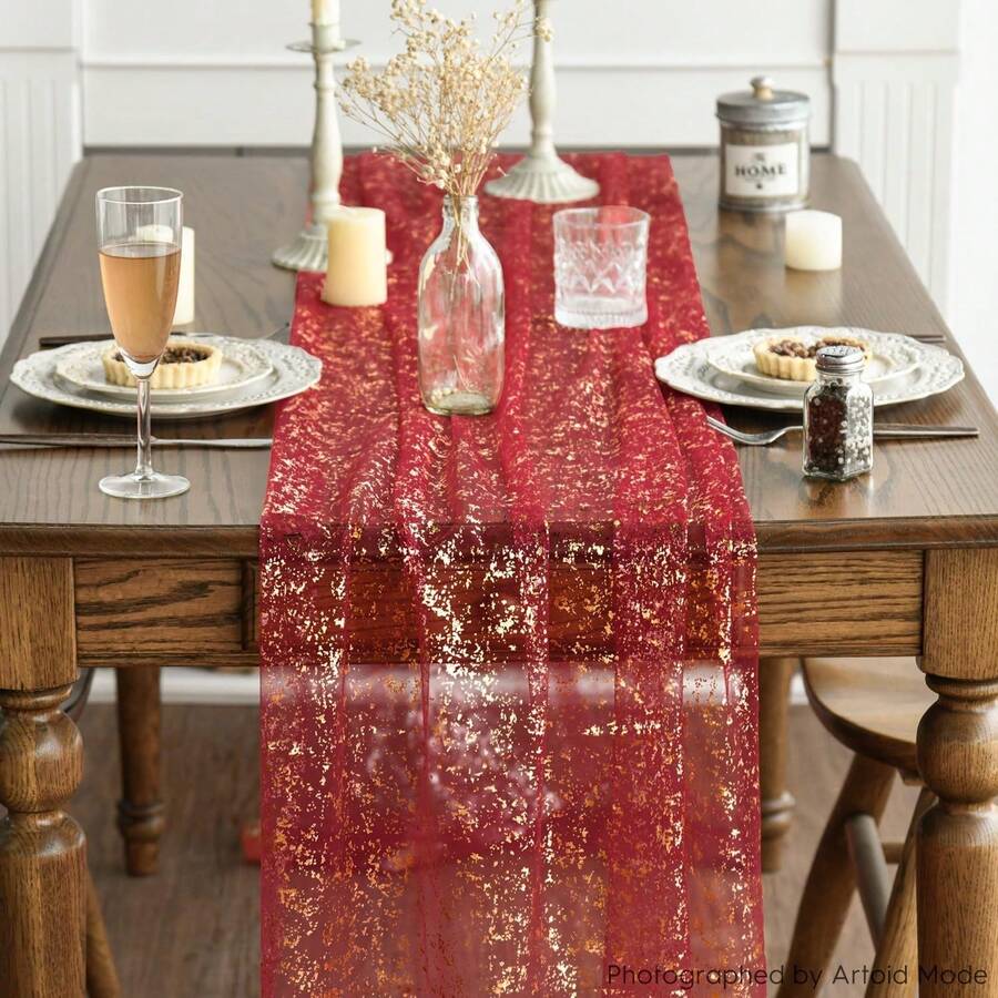 1pc Gold Foil Mesh Table Runner, Thin Tulle Table Cloth For Birthday Party, Wedding, Event, Suitable For Home Daily Use, Outdoor Party, Anniversary, Wedding Decoration And Holiday Dining Table - Red and Gold - View 1