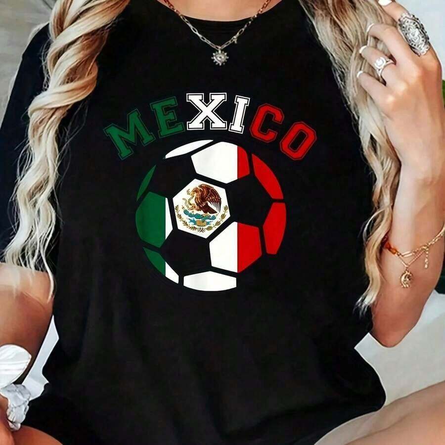 Camiseta para Mujer Mexico Futbol Bandera Mexicana Estampado Balon De Fутbol Diseño Nacional Deportivo Casual Negra - Negro - Ver 1