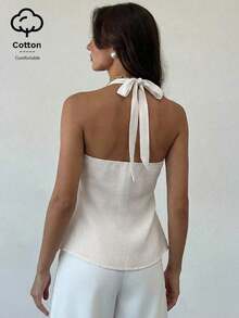 Camisa de lino con decoración metálica en la cintura, corte evasé para mujer, primavera/verano - Blanco - Ver 2