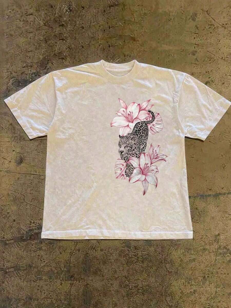 Camiseta Casual Minimalista Y2K Retro con Estampado Floral Japonés y de Tigre, Camiseta Holgada y Cómoda para Hombre, Adecuada para Uso Diario - Estilo Urbano Vintage Unisex, Camiseta de Algodón de Manga Corta con Cuello Redondo. blusas.blusas casuales para dama. - Blanco 2 - Ver 1