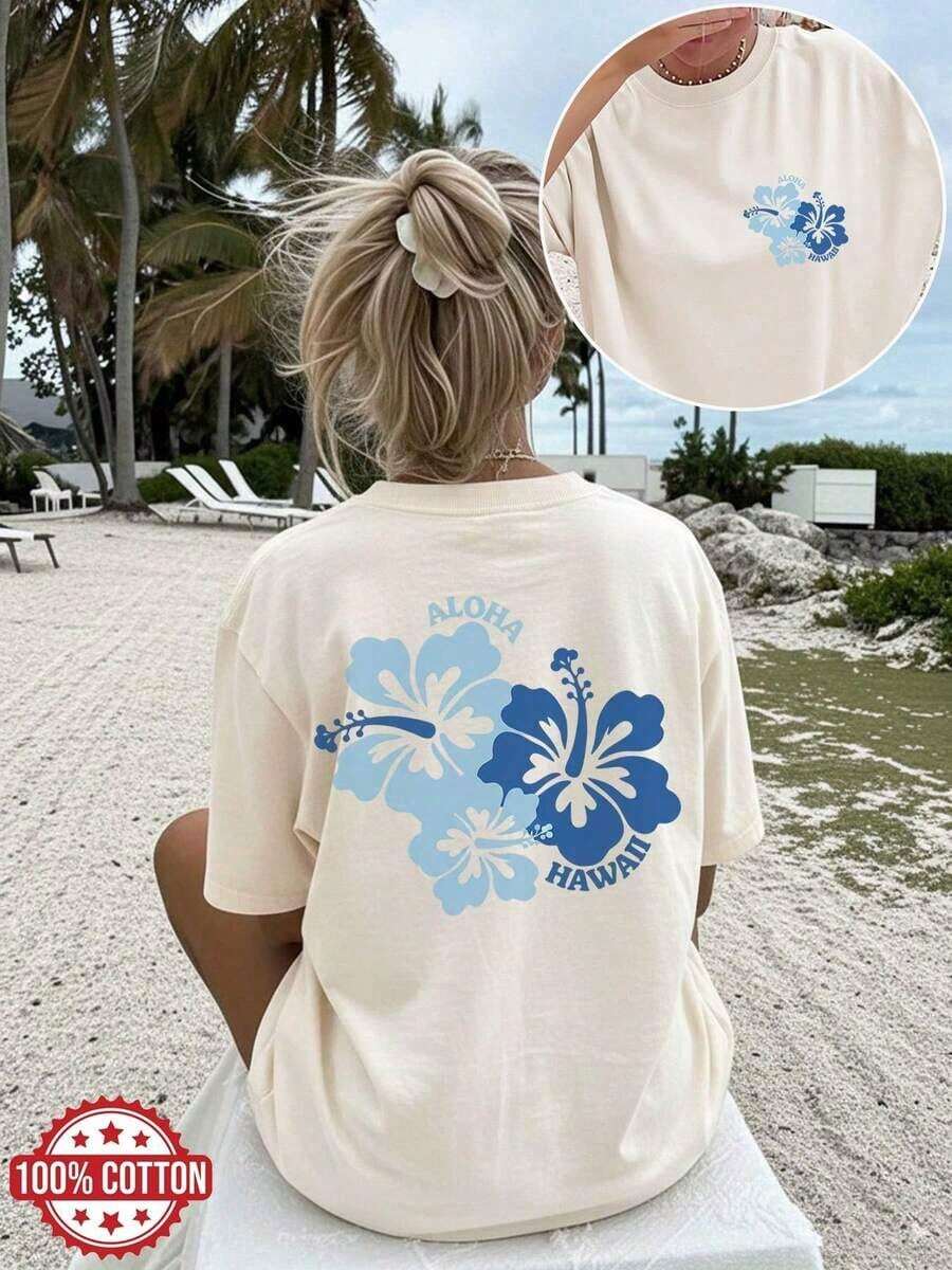 Camiseta de Verano Fresca para Mujer, Colección Casual de Verano 2026, [Estampado de Doble Cara] Top Casual de Verano para Mujer, Estilo Fresco, Camiseta de Manga Corta con Cuello Redondo, Hombros Caídos y Estampado de Flor de Hibisco ALOHA HAWAII [Lan] 100% Algodón, Tallas S-7XL, Moda - Albaricoque - Ver 1