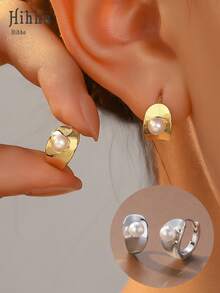 Hihho 1 Paar goldfarbene & silberfarbene Perlen Creolen, zarte luxuriöse vielseitige Ohrringe, minimalistische metallische bohnenförmige Perlen Ohrringe, sanfter Stil geeignet für Arbeit und täglichen Gebrauch - Perlenohrringe - Übersicht 1