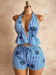 Conjunto de verano sexy, lindo y elegante romántico con top de tirantes con cuello en V profundo de lino a rayas blancas y caqui, emparejado con shorts casuales de playa de cintura con cordón, color rosa - Azul - Ver 3