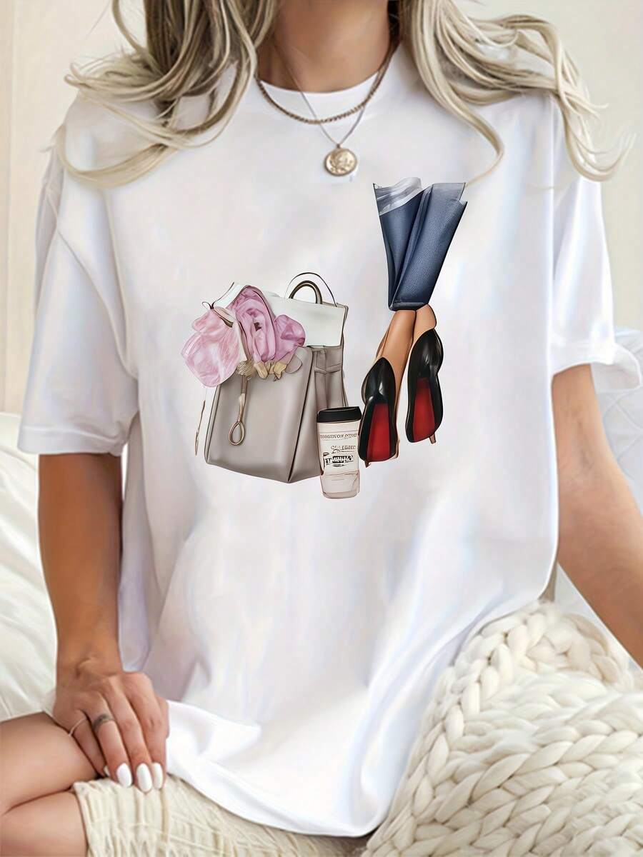 Bolso de moda suave para mujer de talla grande con estampado de zapatos de tacón alto, camiseta casual de manga corta con cuello redondo, cómoda y transpirable, adecuada para uso diario, blusas elegantes para mujer. - Blanco - Ver 1
