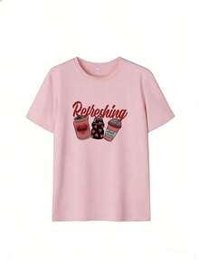 Short-Sleeve T-Shirt With "Refreshing" Slogan And Cans, Jars, And Glasses.  Short-Sleeve T-Shirt For Spring And Summer 2026, Made In Mexico, 180 Grams. Cartoon Print, Couple Design, Suitable For Indoor Or Outdoor Wear. Crew Neck, Unisex, Ideal For Office And Leisure. One-Pack. - PK-P631577SLNDXZGY383 - 查看 2