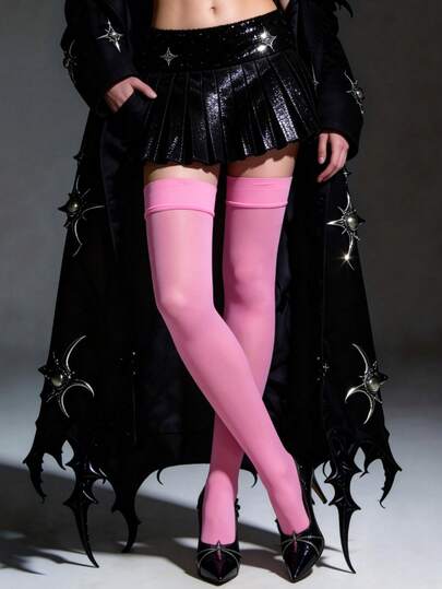 120D Women's Curve Tights, Elastic Thigh-High Socks, Semi-Sheer Velvet Stockings, Sexy Slim Leg Punk Goth Socks, Versatile For Halloween Costume, Suitable For All Seasons