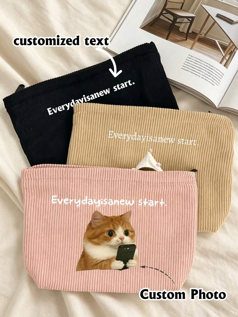 1pc Customizable Photo & Text Corduroy Makeup Bag, Personalized Printed Cosmetic Pouch, Multi-Functional Storage Bag For Women, Suitable For Travel And Daily Use - Multicolor - View 1