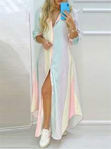 Women's Autumn Striped Long Sleeve Ruched Cuff Shirt Dress, Collared Casual Elegant Dress, Back To School Yellow - Yellow - View 3