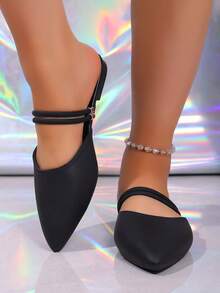 Women's Pointed Toe Flat Sandals, Casual Fashion Versatile Thin Strap Metal Buckle Pointed Toe Ballet Flats, Elegant Daily Office Wear Women's Shoes - Black - View 3