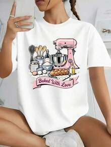 Camiseta Casual de Mujer con Estampado "Baking Love" y Temática de Repostería - Suave, Transpirable, Corte Holgado, Cuello Redondo, Manga Corta, Estampada con Batidoras Rosadas y Cupcakes - Un Regalo Ideal para Entusiastas de la Repostería, Madres, Abuelas y Amantes de la Comida - Ropa Casual, Adecuada para Entusiastas de la Repostería (A) 2026 - Esencial para el Verano y Elegancia Casual |   Diseño exquisito |   Suelto y cómodo |   Fácil de combinar | - Blanco - Ver 7